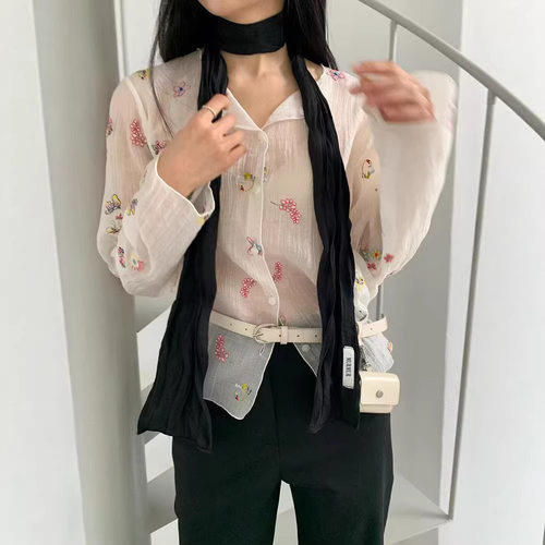 murmur微透刺绣印花防晒衬衫上衣