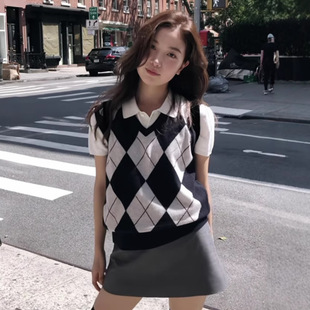 The Barnnet现货25秋新款韩国东大门八奶撞色菱格V领针织马甲背心