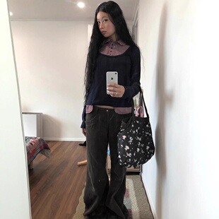 coyseio现25秋款韩国东大门格纹拼接修身显瘦假两件两面穿长袖T恤