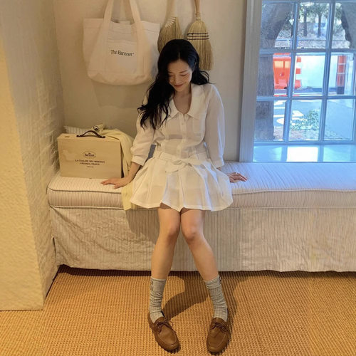 韩国翻领单排扣刺绣翻领连衣裙女