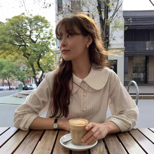 Liffey现货25秋款韩国东大门法式气质宽松休闲娃娃领条纹衬衫上衣