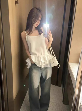 balance现H25夏款韩国东大门修身显瘦白色荷叶边百搭雪纺吊带背心