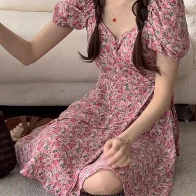 韩国东大门度假风收腰粉色连衣裙