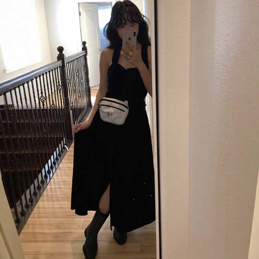 韩东大门stu黑色丝绒吊带连衣裙