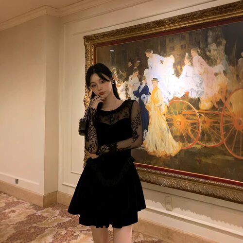 seooocookie蕾丝天鹅绒连衣裙