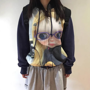 coyseio现H26春款韩国东大门娃娃数码印花宽松连帽开衫卫衣外套女