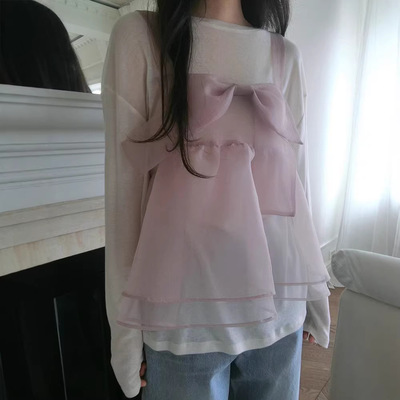 韩系透明欧根纱显瘦蝴蝶结吊带女