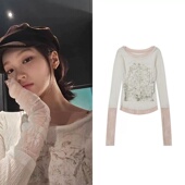 金采源同款 T恤 印花蕾丝拼接长袖 sculptor新款 烫钻肌理感褶皱数码