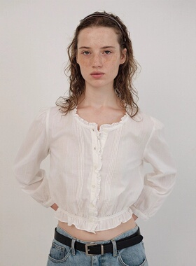 The Barnnet现H25夏款韩国东大门白色荷叶边露脐长袖短款上衣衬衫