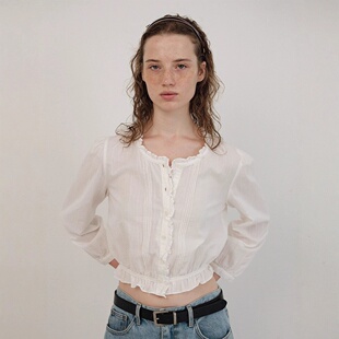 The Barnnet现H25夏款韩国东大门白色荷叶边露脐长袖短款上衣衬衫