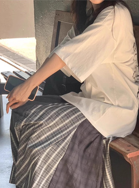 Dearest现H25夏款韩国东大门宽松显瘦复古气质拼色格子松紧腰长裙