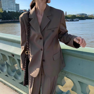 overtake现货26春款韩国东大门纯色休闲西装外套拖地阔腿裤套装女