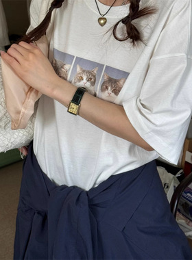 Ribbonbit现25夏款韩国东大门宽松显瘦纯棉高级感猫咪印花短袖T恤