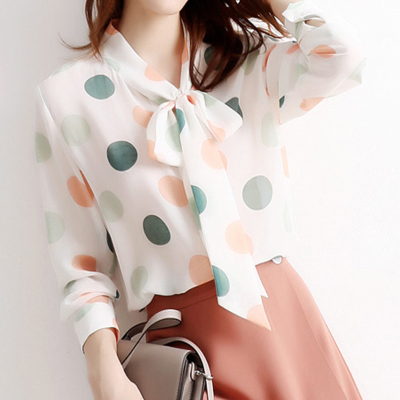 法式波点衬衫女春装2022新款雪纺领结显瘦上衣小众设计感复古衬衣