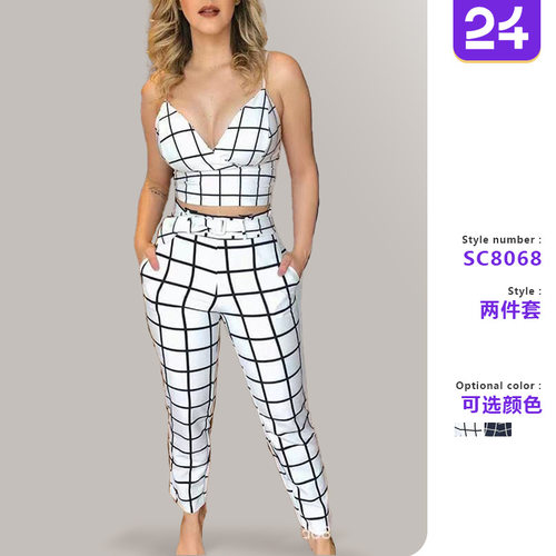 2026夏季 亚马逊欧美女装印花性感吊带深V露脐格纹休闲九分裤套装