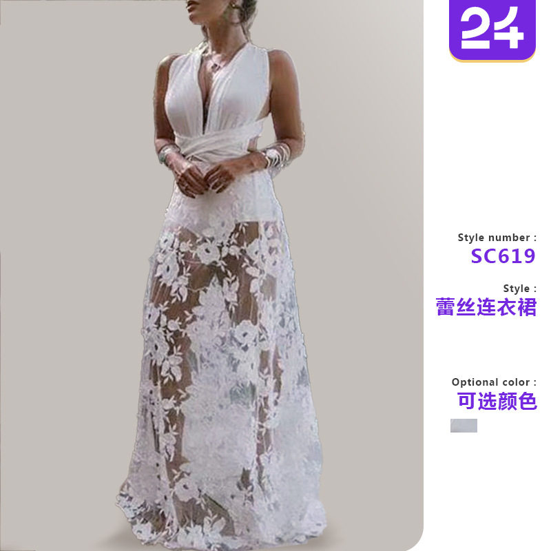 2026年春夏欧美新款女装连衣裙亚马逊性感蕾丝镂空露背沙滩裙长裙