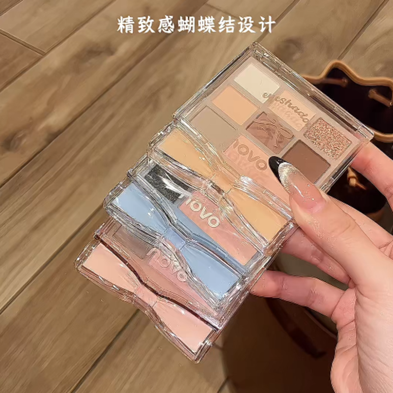 NOVO蝴蝶结八色综合眼影盘爆闪珠光哑光高光修容腮红眼影一体盘女