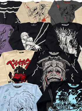 重磅原单 动漫人物y2k风格日漫夸张满印情侣宽松秋冬套头针织毛衣