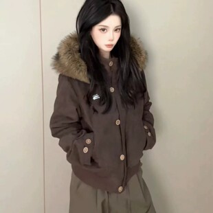 美式复古麂皮绒棉服女冬季新款小个子加绒加厚保暖短款夹克外套潮