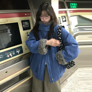 巴恩风毛毛内胆双面穿棉服女冬季新款加绒加厚保暖蓝色派克服外套