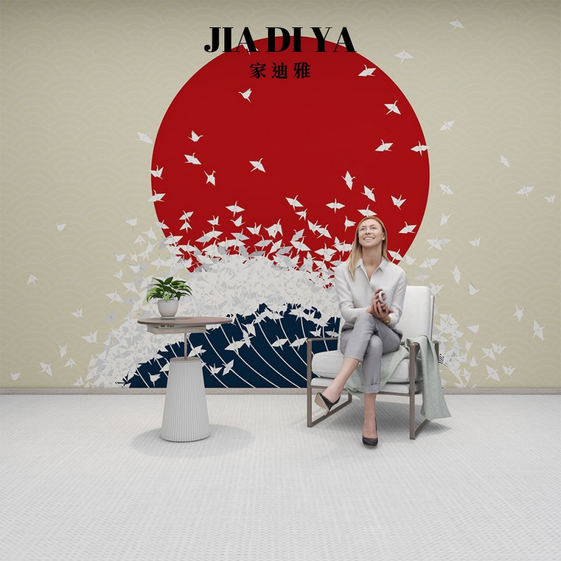 日式风格浮世绘仙鹤海浪装饰壁画居酒屋餐厅主题酒店定制墙布壁纸图片