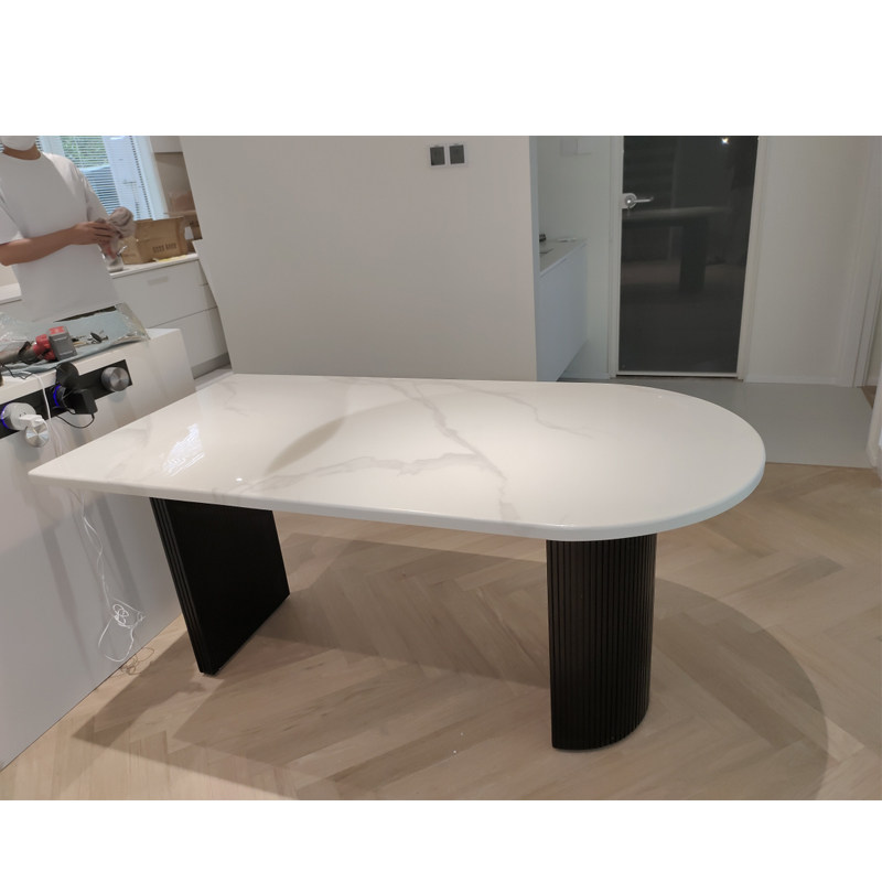 法式奶油风小户型岛台岩板餐桌靠墙实木家用半圆形桌子大理石餐桌