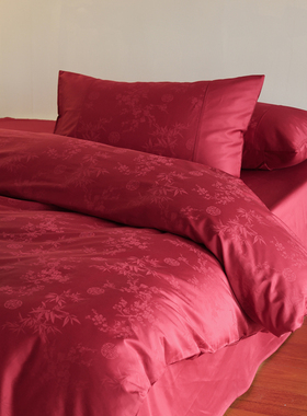 花时间生活中式婚庆六件套50支全棉红色提花被套新婚嫁喜被床品