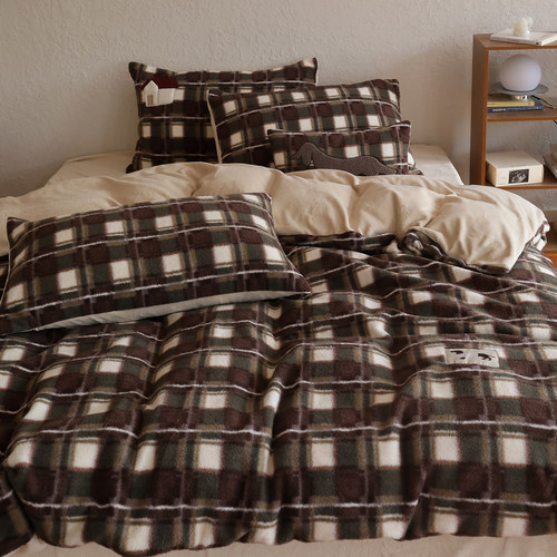 复古格子仿羊毛绒四件套