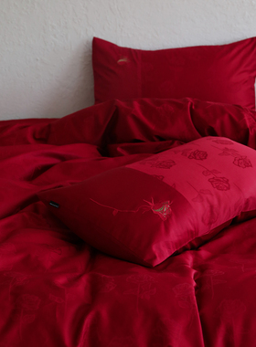 花时间生活100支双股长绒棉红色玫瑰提花刺绣结婚床上四件套婚庆