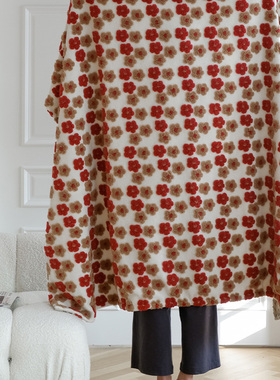 花时间生活家居设计款小红花复古羊毛提花毯子豆豆绒沙发盖毯加厚