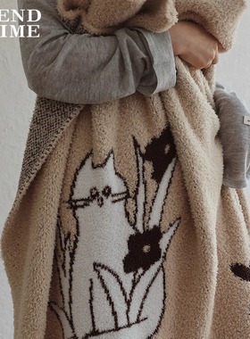 花时间生活猫猫毛毯加厚保暖半边绒针织毯客厅沙发毯子午睡毯