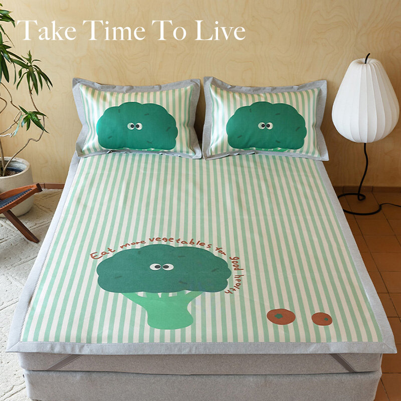 花时间生活夏季卡通蔬菜t冰丝凉席三件套学生宿舍单双人条纹凉感,床上用品,冰丝席,淘宝优惠券,粉丝福利购,淘宝优惠卷