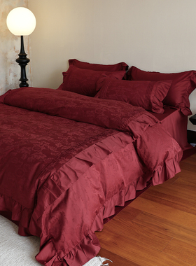 花时间生活结婚庆六件套纯棉长绒棉贡缎全棉花边刺绣新婚房床品