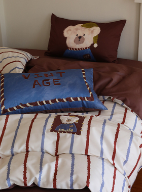 花时间生活春夏卡通小熊条纹贡缎床单被套亲肤纯棉床笠床上四件套