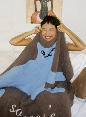 花时间生活原创卡通猫咪半边绒午睡盖毯软糯沙发空调保暖针织毯子