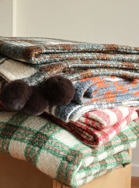 花时间生活复古格子羊卷妮毛毯柔软午睡沙发盖毯秋冬保暖车载毯子