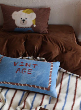 花时间生活冬季牛奶绒条纹小熊保暖蓄热加厚床上用品四件套可爱