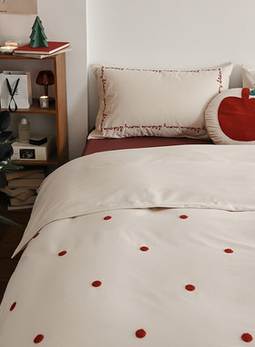 花时间生活原创圣诞全棉磨毛床单四件套波点毛巾绣秋冬礼物床品