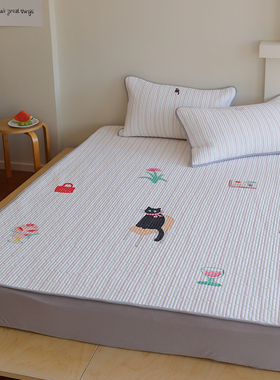 花时间生活原创新款卡通猫咪夏季床笠床席凉感双人冰丝凉席三件套