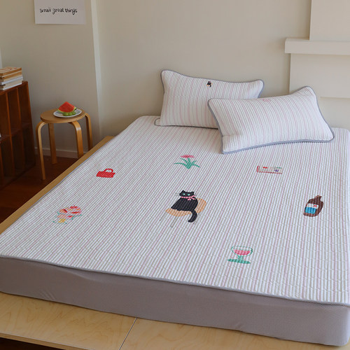 新款卡通猫咪凉感冰丝凉席三件套