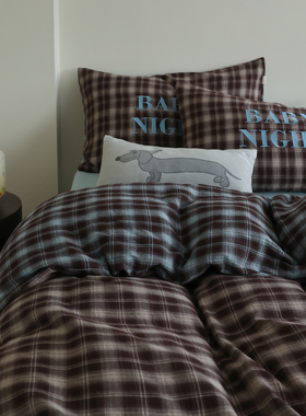 花时间生活初春格子双层纱床单被套全棉亲肤刺绣ins复古四件套