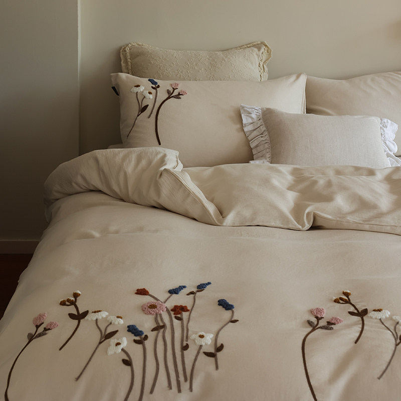 花时间生活田园花卉毛巾绣被套床品透气棉麻亲肤春夏床单四件套