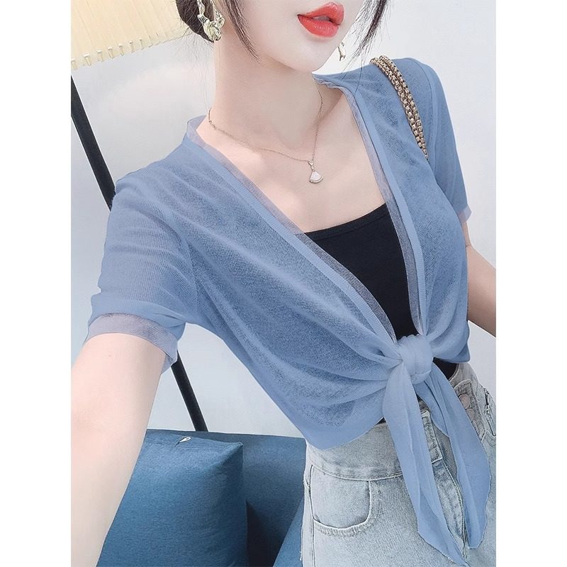 针织短袖女夏季薄款开衫披肩上衣图片