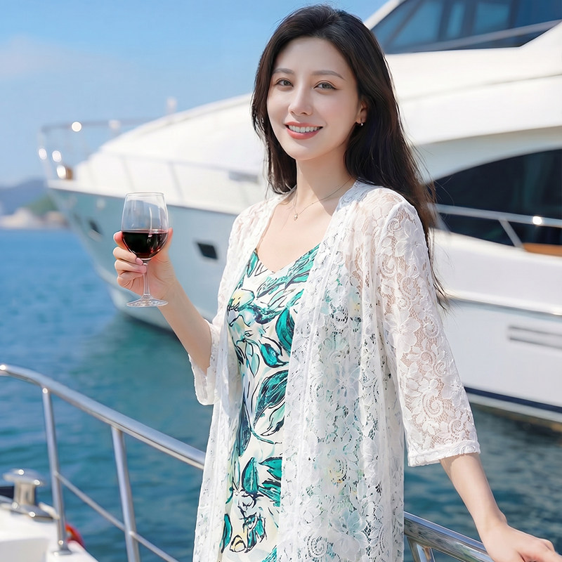 长款蕾丝开衫女夏季2026新款吊带披肩外搭镂空罩衫v领上衣外套女