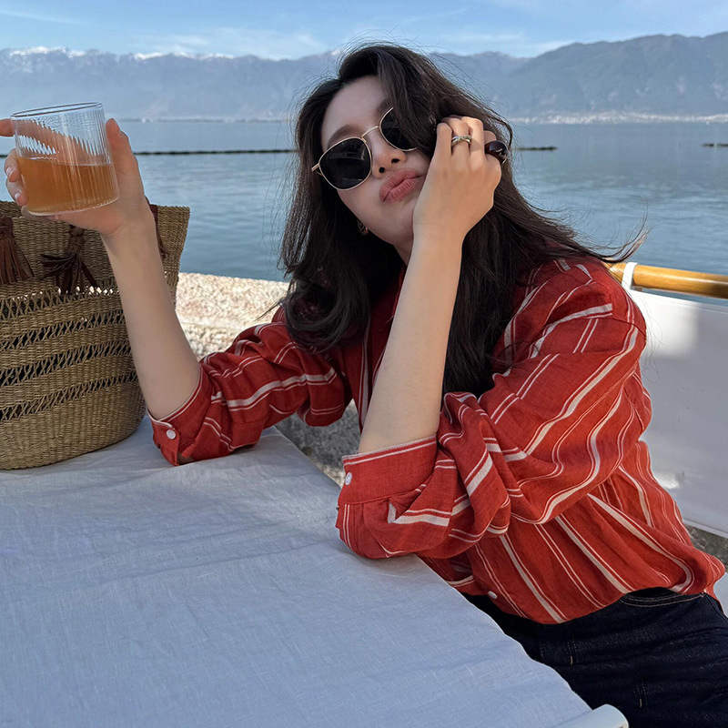 法式小资红色条纹亚麻衬衫外套女夏季长袖薄款防晒衫高端棉麻上衣