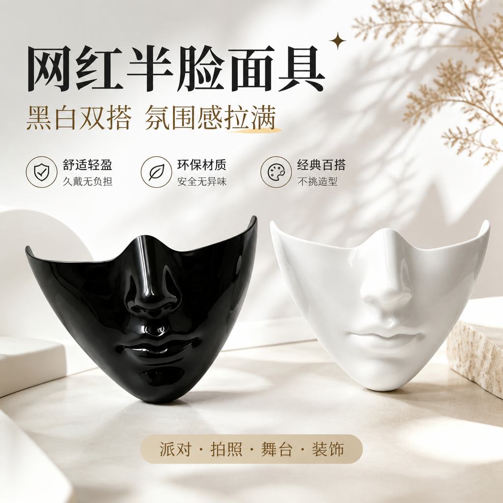 复古半脸白色汉服京剧COS面具