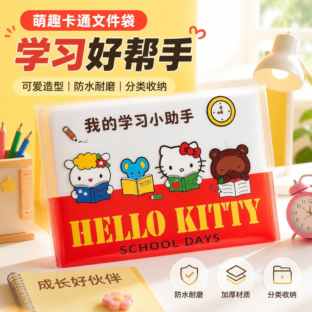 凯蒂猫A4防水大容量按扣文件袋