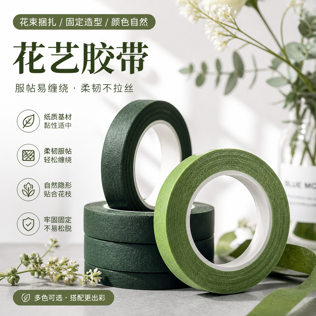 绿色玫瑰花艺DIY皱纹纸胶带