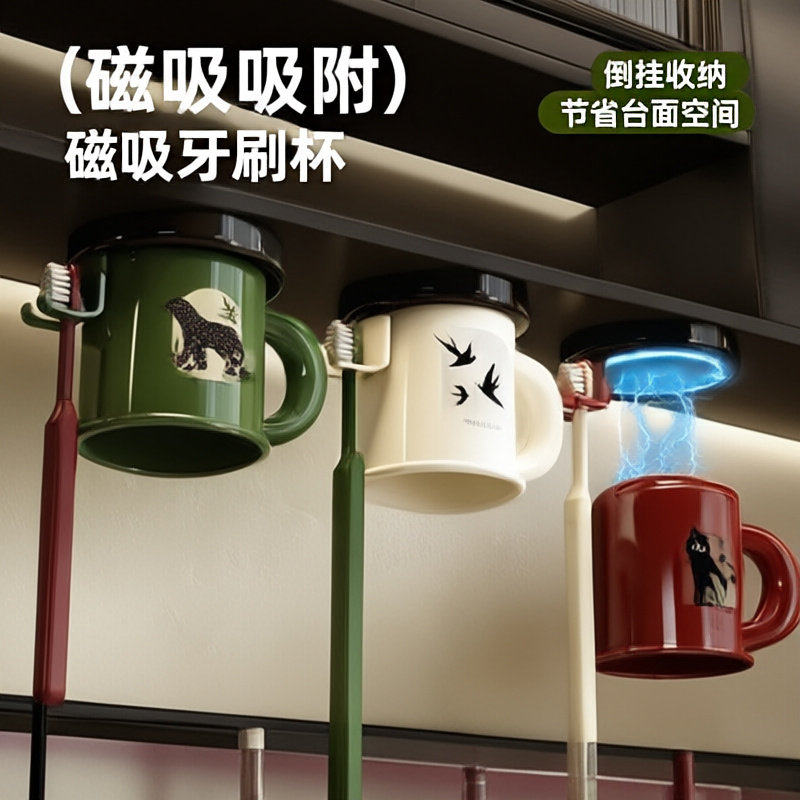 吸盘牙刷牙杯置物架壁挂式免打孔漱口杯磁吸家用浴室洗漱套装挂架
