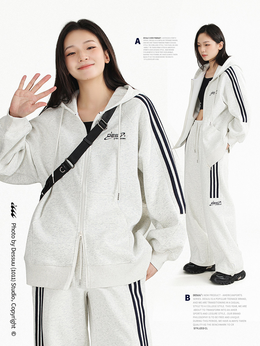 DESSUU 아메리칸 레트로 삼선 스트라이프 카디건 재킷 후드 플러스 벨벳 스웨트 여성 캐주얼 스포츠 정장 유행 가을 겨울